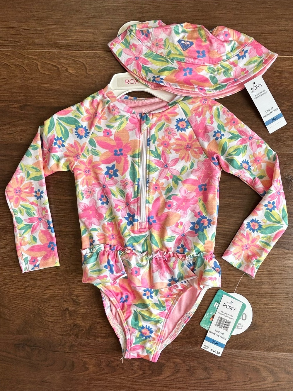 Roxy Two Piece Set Ruffle Rashguard and Hat 24m Floral
